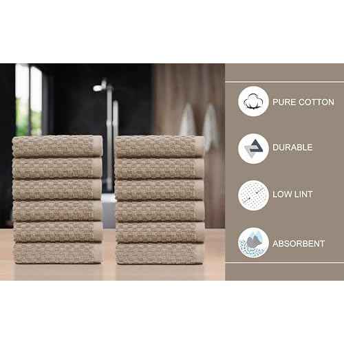 COTTON CRAFT Euro Spa Waffle Wash Cloth - Set of 12 Luxury Pure Ringspun Cotton Waffle Weave Bathroom Face Towel - Everyday Absorbent Hotel Gym Shower Beach Kitchen Travel Dorm - 12x12 inches - Linen