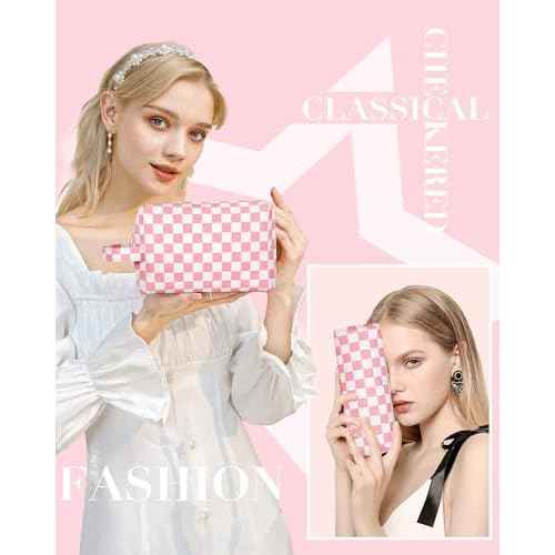 2Pcs Makeup Bag for Women, Large Checkered Cosmetic Bags with Small Makeup Brushes Bag Set, Cute Leather Make Up Orgnizer with Zipper, Travel Skincare Toiletry Storage Bag for Teens Girls Gifts(Black)