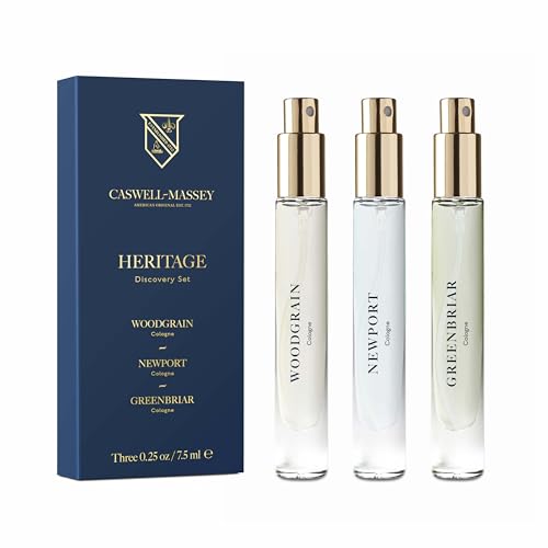Caswell-Massey Cologne Discovery Set for Men, Travel-Size Cologne Gift Set with Woodgrain, Newport & Greenbriar Scents, Luxury Fragrance Trio, Made in USA, 0.25 Fl Oz Each
