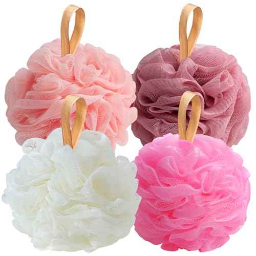Fishent Loofah Bath Sponge Shower Loofahs, Pack of 4 Pink Soft Loofa Exfoliating Body Scrubber Mesh Shower Puff Pouf Ball Luffa for Women(50g/pcs)