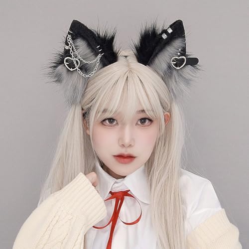 Furry Cat Ears Headband Punk Gothic Heart Clips Animal Ears Hair Hoop for Halloween Cosplay Costume Party