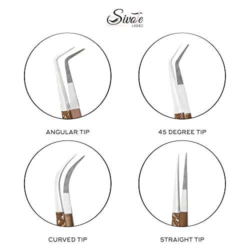 SIVOTE Lash Extension Tweezers Fiber Tips, Set of 4, Curved, Dolphin, 90 Degree & 45 Degree Tweezer, Chocolate
