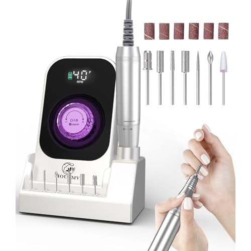Portable Nail Drill Electric File: 40000RPM Professional Rechargeable Nail E-File Machine, Cordless Nail Drill with Bits & Base for Acrylic Nails Remove Nail Gel Polish Manicure for Salon Home, White