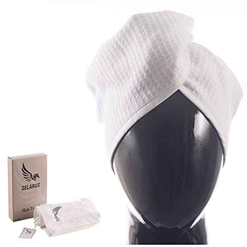 100% Turkish Cotton Hair Towel Wrap for Women,Non Microfiber,400-GSM(Grams per Square Metre),AntiFrizz,Hair Plop Waffle Towels for Curly,Long&Thick Hairs,Turban Head Wrap,1Pack10x26inc(White)