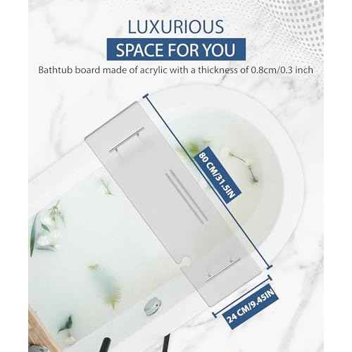 Acrylic Bathtub Tray Bathtub Tray Caddy Bath Tray Table for Tub Luxury Spa with Book and Wine Glass Holder Bathroom Accessories for Decorative Bathtubs, Transparent 31.5inch