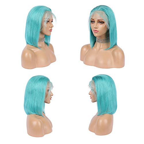 Guanyuhair Pre-plucked Short Bob Human Hair Lace Front Wigs Glueless Silky Straight 150% Full Density #Light Blue Free Part Bob Wigs For Black Women(12inch, Light Blue)