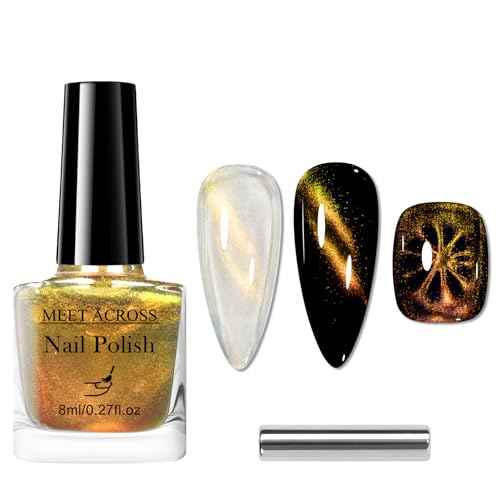 MEET ACROSS Magnetic Cat Eye Nail Polish Glitter Yellow Chameleon Nail Polish with 1 Magnet, Quick Dry