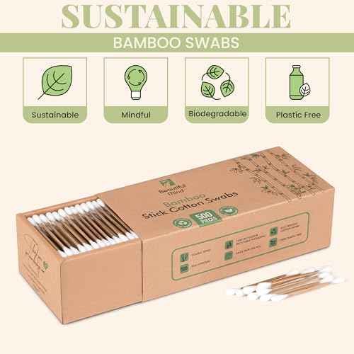 Bamboo Cotton Swabs 500 Pack - Natural Swabs for Ears, Makeup & Cleaning - Carbonized Bamboo Sticks with Soft Buds - Travel Size Q Gentle Tips - Precision Ear Cleaner Swabs - Drawer Box