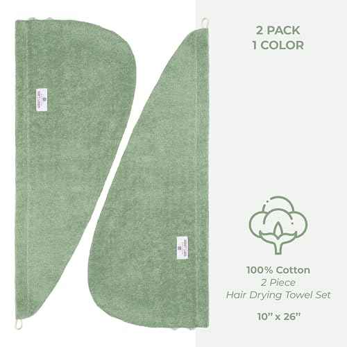 American Soft Linen 100% Cotton Hair Towels for Women, Head Towel Cap, Cotton Hair Turban Towel Wrap for Long Curly Anti Frizz Hair, Soft and Absorbent Cotton Hair Towels 2 Pack, Sage Green