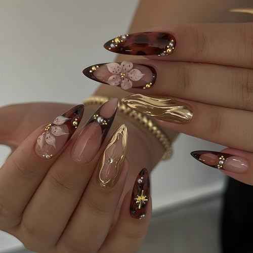 24Pcs Almond Press on Nails Medium Fake Nails with Brown Flower Designs French Nails 3D Gold Texture False Nails Star Press ons Pearl Jewelry Acrylic Nail Cute Stick on Nail for Women Manicure