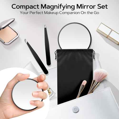 MIYADIVA Magnifying Mirror Set, 20x&30x&40x Suction Cup Makeup Mirror, 2 Tweezers & Storage Bag, 3.5 Inch Compact Mirror for Travel, Bathroom, Home, Gifts for Women