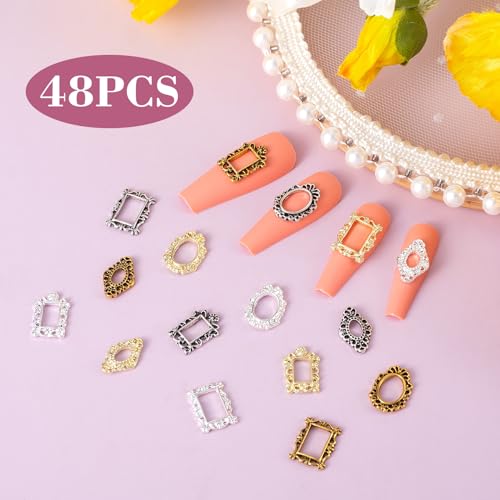 48pcs 3D Metal Nail Charms, Frame Gothic Nail Art Charms, Retro Gold Silver Nail Jewels Art Decoration for Women Girls Acrylic Nail DIY Craft Design Manicure Accessories