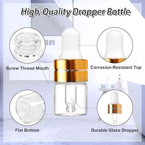 100 Pack 1ml Clear Glass Dropper Bottles with 4 Pcs Plastic Droppers, Mini Sample Dropper Bottles for Essential Oils Perfume Cosmetic Liquid, Empty Travel Sample Vials with Gold Cap