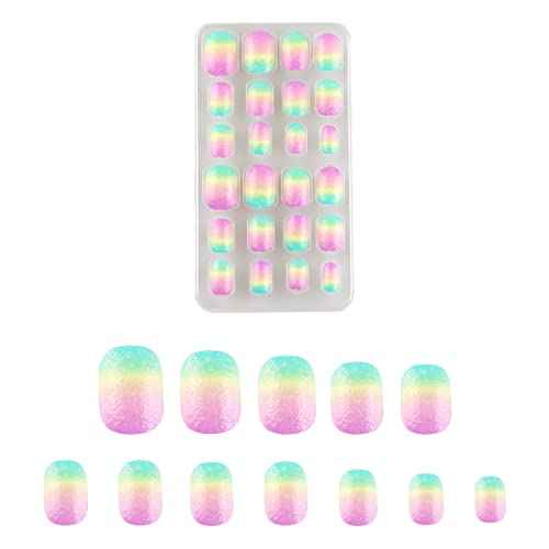 24 Pcs Rainbow Kids Press on Nails Pre-glue Children False Nails Short Oval Full Cover Artificial Fake Nails Gradient Glitter Acrylic Nail Tips for Little Girls Gift (Rainbow Pink)