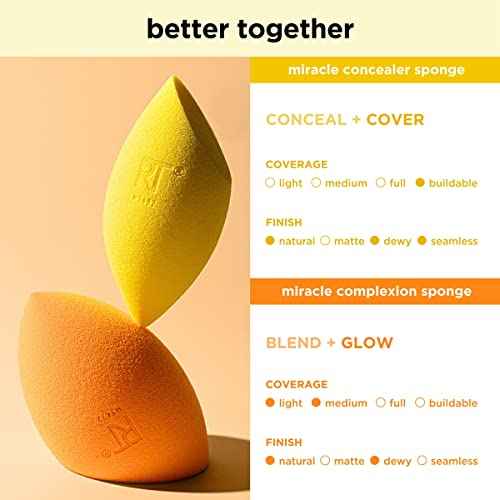 Real Techniques Miracle Complexion Sponge + Concealer Sponge Duo, Makeup Blending Sponges For Foundation & Concealer, Offers Light To Medium Coverage, Natural, Dewy Makeup, Latex-Free Foam 2 Count
