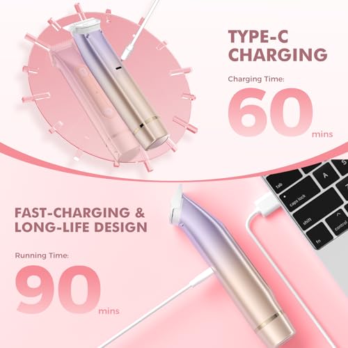 2 in 1 Bikini Trimmer for Women, Dual Head Electric Razor, IPX7 Waterproof Wet/Dry Use Women Electric Shaver, Painless Body Facial Hair Remover for Bikini Legs Arm Underarm, (Purple)