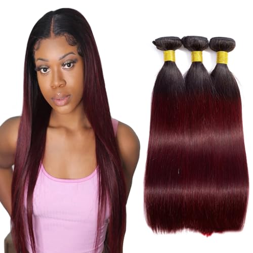 24 26 28 inch Wine Red Color 1B99j Straight Human Hair Bundles Ombre Two Tone Black and Burgundy Bundles Double Weft Brazilian Hair Extensions Soft and Silky