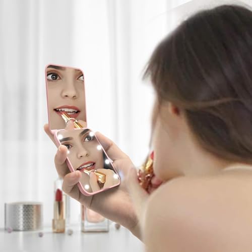 Compact Mirror, 1x/3x Magnifying LED Pocket Mirror, Small Lighted Travel Makeup Mirror for Purse, Handbag, Folding, Handheld, 2-Sided Mini Mirror with Lights for Women (Pink 1pack)