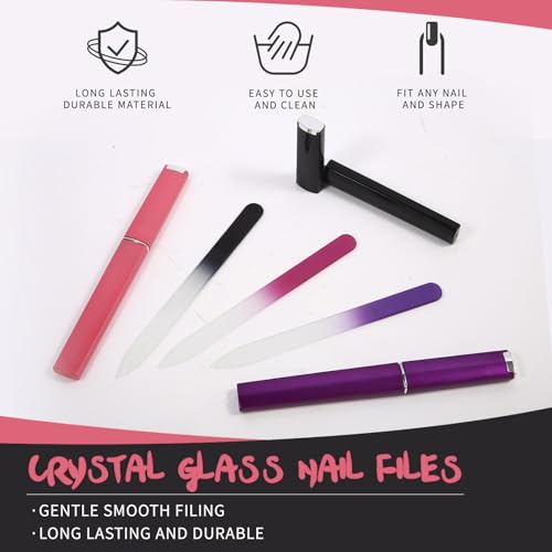 3 Pack Crystal Glass Fingernail File with Case for Natural Nail Professional Czech Glass File Double-Sided Etched Gentle Nail Care Stocking Stuffers for Women or Adults, Unique Gifts