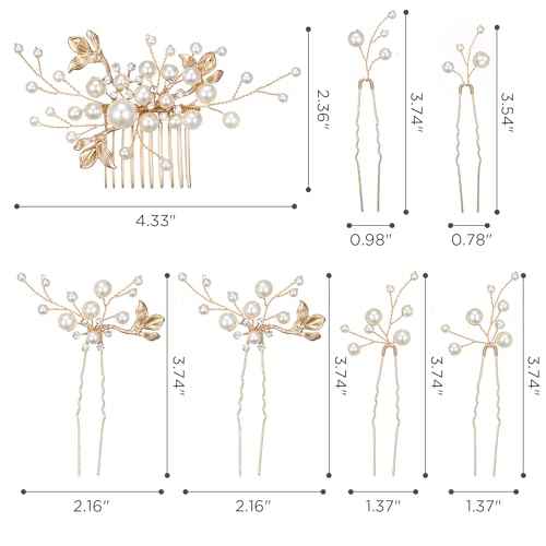 SWEETV Bridal Wedding Hair Accessories Set of 7, Pearl Wedding Hair Comb Rhinestone HairPins Leaf HairPieces Elegant Bridal Headpieces Accessories for Brides Bridesmaids Women Girls