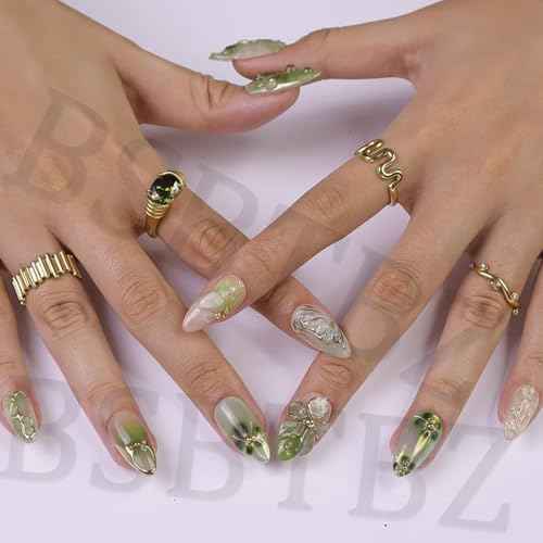 30Pcs Green Press on Nails Butterfly with Gold Vine Designs 3D Floral Fake Nails Medium Almond False Nails Flower Stick On Nails Handmade Spring Nail Art for Holiday, Vacation, Gift, Nail Kit