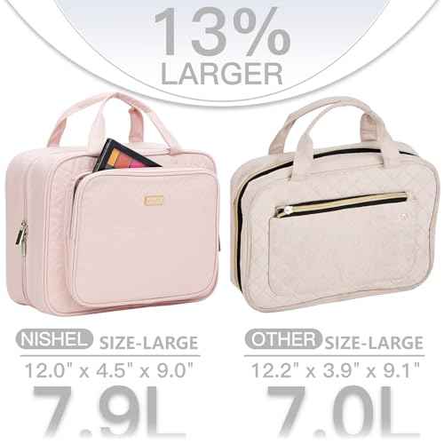 NISHEL Travel Toiletry Bag for Women Large Capacity, Makeup Essentials Organizer, Hanging Case for Accessories, Cosmetics, Pink