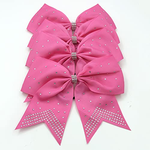 Hipcheer 12PCS 8" Rhinestones Large Cheer Hair Bows for Girls, Hand-made Grosgrain Ribbon Hair Accessories for Teen Girls Softball Cheerleader Sport (Hot Pink)