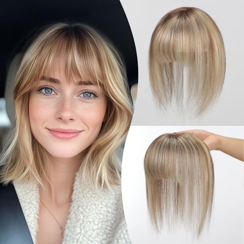 EMMOR 10 Inch Real Human Hair Topper for Women - Upgrade Swiss Lace Base with 3 Non-Slip Clips, 4.5" x 3" Clip in Bangs for Thinning Hair & Natural Hair Loss Coverage(Ombre Blonde & Brown Highlight)