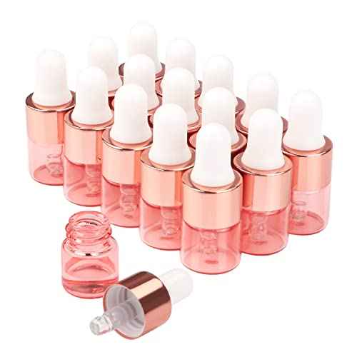 Wresty 15 Pcs Mini Pink Glass Vials Essential Oil Dropper Bottles - Cosmetic Liquid Container for Perfume, Aromatherapy and Sample Bottles with Glass Eye Dropper (1ml(1/4 Dram))