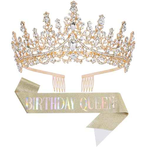 Birthday Tiara Crown with Sash for Women, Headband Hair Accessories for Wedding Party Costume