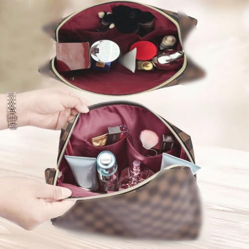 bopomofo Brown Checkered Cosmetic Bag 3 Pack,1 Big Pouch,1 Makeup Brushes Holder, 1 Coin Purse,Portable Travel Makeup Bag Set Lightweight and Waterproof Storage Bag Organizer (Brown Checkered 3 Pcs)