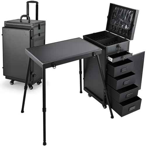 Joligrace Rolling Manicure Table 5 Drawers Makeup Case Foldable Nail Desk Cosmetology Case on Wheels Nail Tech Table with Brush Pouch for Technician Workstation Mobile Makeup Artist Trolley Black