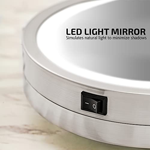 OVENTE Wall Mounted Lighted Makeup Mirror, 9" Double Sided 1X/10X Magnifying Vanity Mirror for Bathroom with LED Lights, Cordless, 360¡Æ Rotation and 13" Extendable Arm, Nickel Brushed MFW85BR1X10X