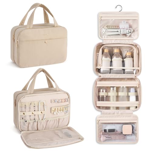 Hanke Hanging Travel Toiletry Bag for Women with Jewelry Organizer Compartment, Travel Essentials Toiletries and Makeup Bag, Water-Resistant & Stain-Resistant with Trolley Strap (Apricot)
