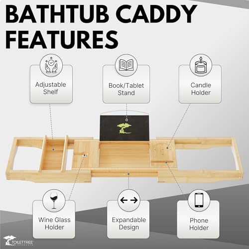 ToiletTree Products Bamboo Bathtub Caddy with Extending Sides and Adjustable Book Holder (Deluxe)