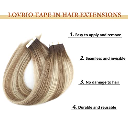 Lovrio Tape in Hair Extensions Human Hair Color Walnut Brown Roots to Light Chestnut Brown with Bleach Blonde 22 Inch 50g Real Hair Extensions Tape in Extensions 20pcs