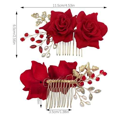 2 Pcs Rose Flower Wedding Hair Comb Crystal Pearl Bridal Headpiece Gold Leaf Red Flower Side Comb Hair Accessories for Women
