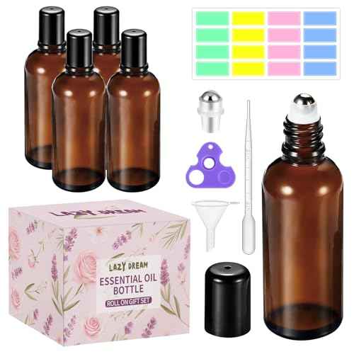 100ML Roller Bottles for Essential Oil, 4 Pack Empty Amber Glass Roller Bottle for Perfume Oil, Roll on Bottles with Stainless Steel Roller Balls, Opener, Funnel and Dropper for Aromatherapy, Massage