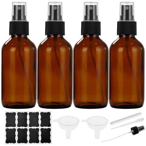 Dark Amber Glass Spray Bottles 4 oz, Small Empty Spray Bottles for Essential Oils, Fine Mist for Face, Hair, Plants, Travel, Perfumes, Cleaning Solutions - 4 Pack