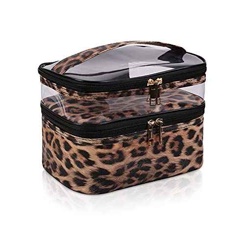 Double-layer Cosmetic Bag Makeup Bag Travel Makeup Bag Makeup Bags for Women Cosmetics Cases Portable Waterproof Foldable (Leopard)