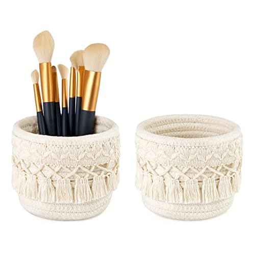 Mkono Macrame Makeup Brush Holder Organizer Comb Brushes Mini Storage Basket Set of 2 Boho Decor Baskets for Pen Pencil Box Container ,Ivory