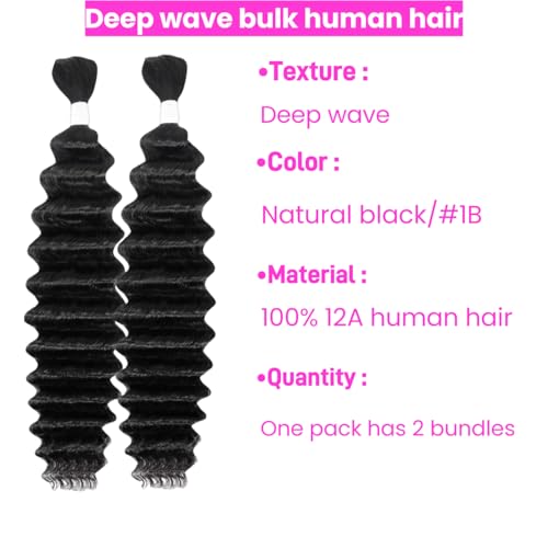 Deep Wave Human Braiding Hair 28Inch 2 Bundles 100g Bulk Human Hair for Braiding No Weft Human Braiding Hair for Boho Braids Wet and Wavy 100% Brazilian Virgin Curly Hair for Braiding Hair Extensions