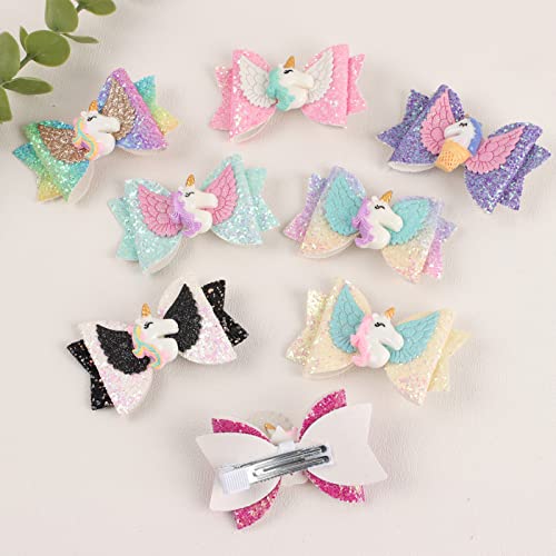 8pcs Unicorn Hair Bows, 3 Inch Glitter Grosgrain Ribbon Bows with Alligator Clips for Toddlers