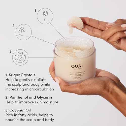 OUAI Scalp & Body Scrub, Melrose Place - Exfoliating Body Scrub with Sugar & Coconut Oil Blend for Smooth, Moisturized Skin - Gentle Scalp Exfoliator for Removing Product Build Up (8.8 Oz)