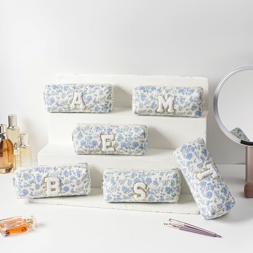 JOVAKIT Small Alphabet Makeup Bag Cosmetic Bag for Women, Christmas Gifts for Girls, Floral Flowers Coquette Travel Toiletry Bag, Zipper Make Up Pouch Organizer Bag Trendy Stuff (Blue Floral K)