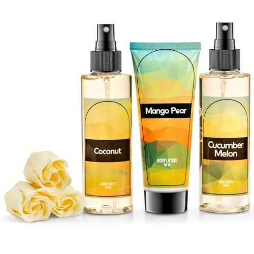 Fine Fragrance Body Mist & Body Splash Gift Set ? Luxury Self-Care Combo for Women and Girls (Coconut, Cucumber, Mango Pear, Rose Soap)