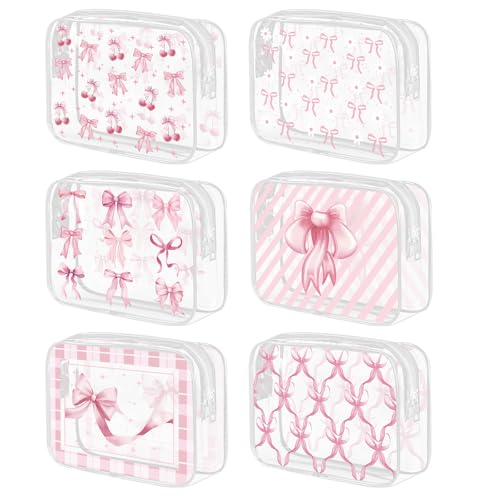 6Pcs Pink Bow Clear Makeup Bag PVC Coquette Cosmetic Bags Transparent Plastic Pouch with Zipper Waterproof Travel Toiletry Bags Pink Trendy Pouch Bag Gift for Birthday Party Favor Mother Nurse Girls