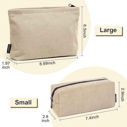 MAGEFY Small Makeup Bag, 2 PCS Corduroy Make up Bag for Purse Large Capacity Travel Cosmetic Bag for Women Zipper Makeup Pouch for Travelling Preppy Stuff - Beige