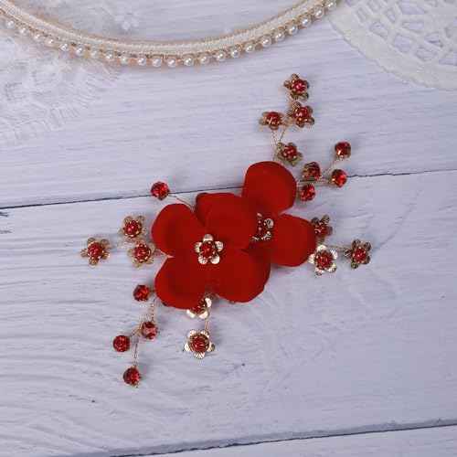 Teyglen Red Flower Wedding Hair Clip Pin Rhinestone Bridal Hair Clip Handmade Red Crystal Pearl Hair Barrette Wedding Headpeice Hair Accessories for Women