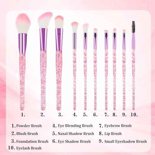 10 PCS Glitter Crystal Makeup Brush Set Cute Makeup Brushes Bling Professional Concealer Eye Shadow Eyeliner Blush Lip Blending Synthetic Brushes Tools Kit Face Cosmetics Blending Brushes for Women